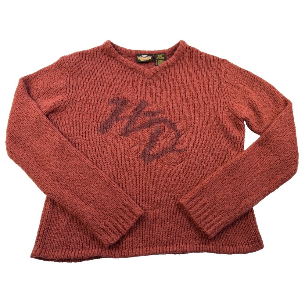 Vintage 90's Harley Davidson Wool Blend V-Neck Knit Sweater Women's Sz XL